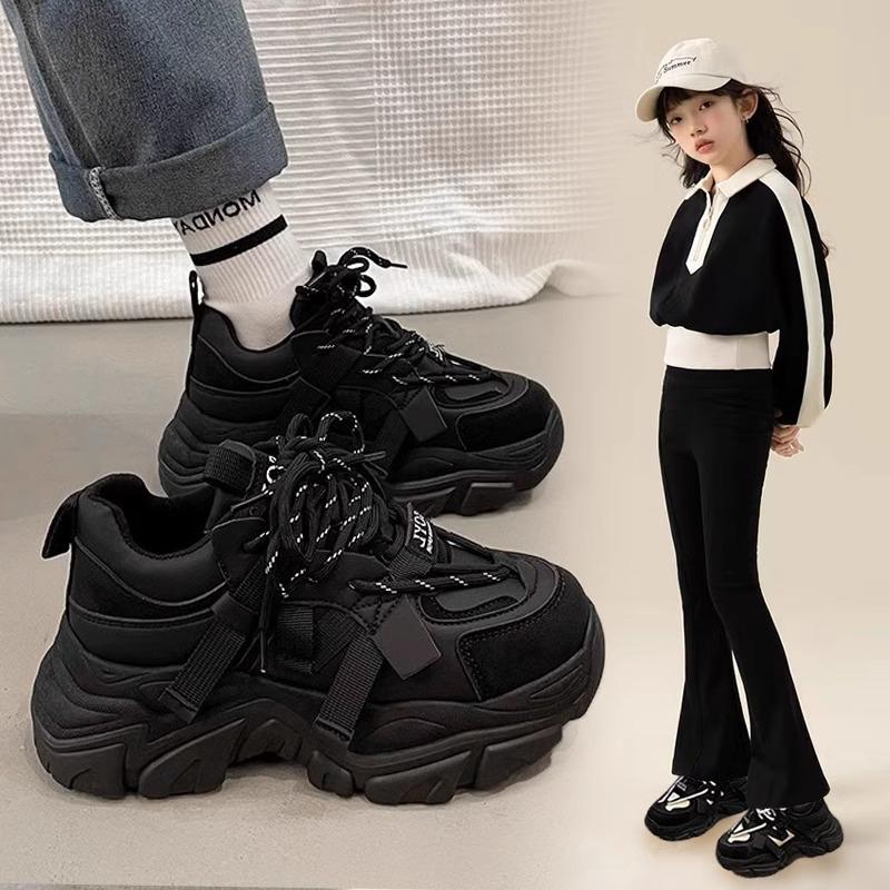 Kids All-Black Mesh Fabric Chunky Platform Sneakers 26 чёрный