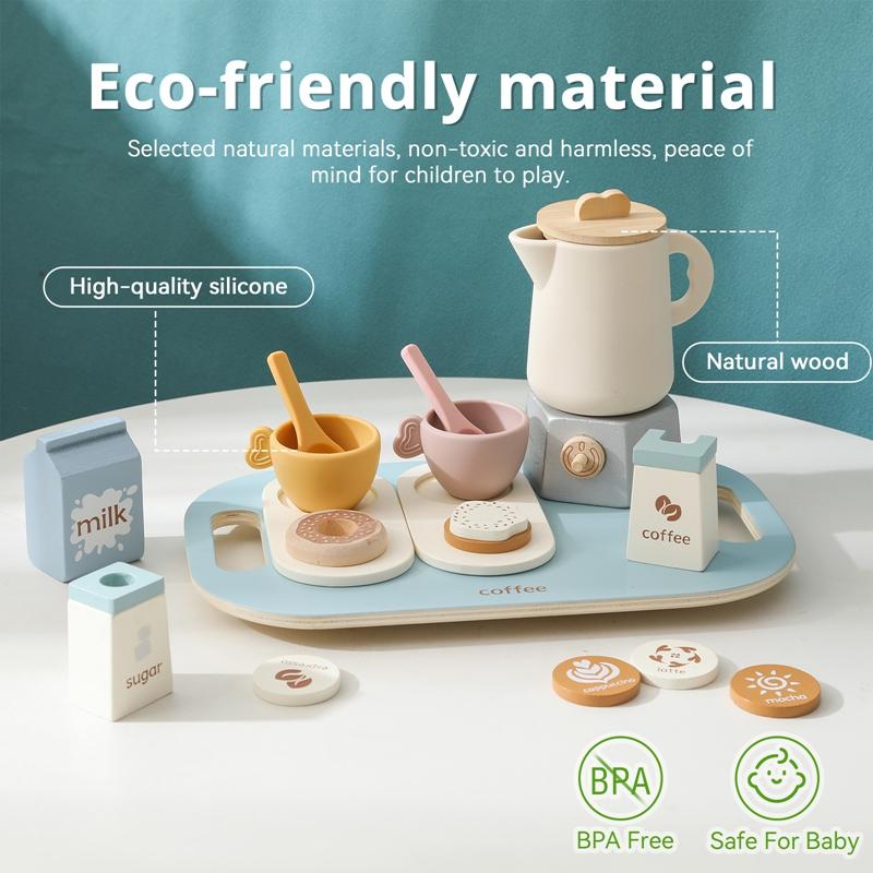 Montessori Wooden Coffee Afternoon Tea Set Toy Kid Simulation Kitchen BPA Free Silicone Teapot Teacup Early Educational Toy Gift