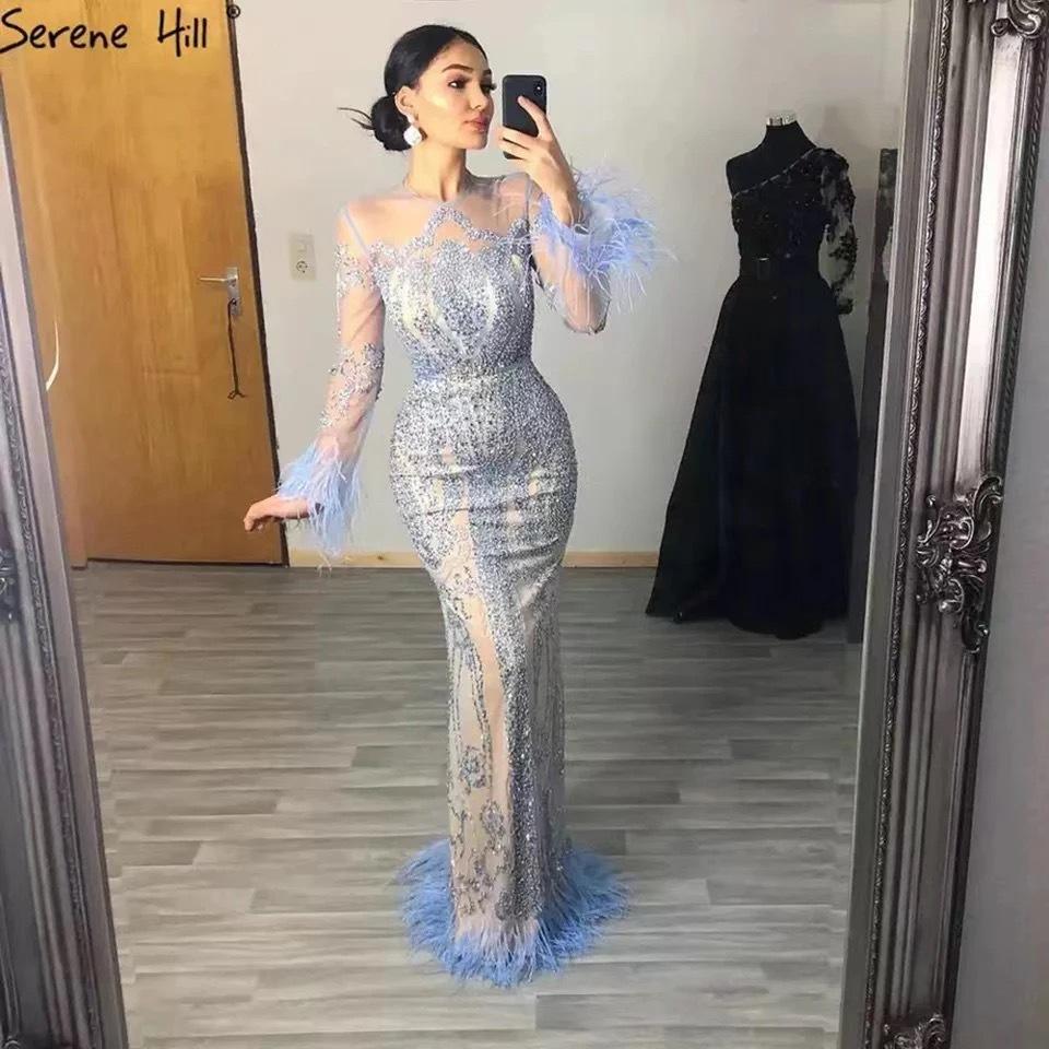 Pink Elegant Feather Long Sleeve Evening Dress Celebrity Banquet Host Playing Fishtail Dress LA10911