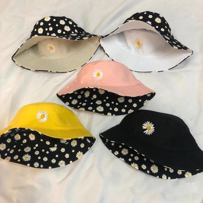 Summer Daisy Double-Sided  Bucket Hats Women's Embroidery Hip Hop Panama Bob Caps Folded Beach Sun Fisherman Hat For Ladies