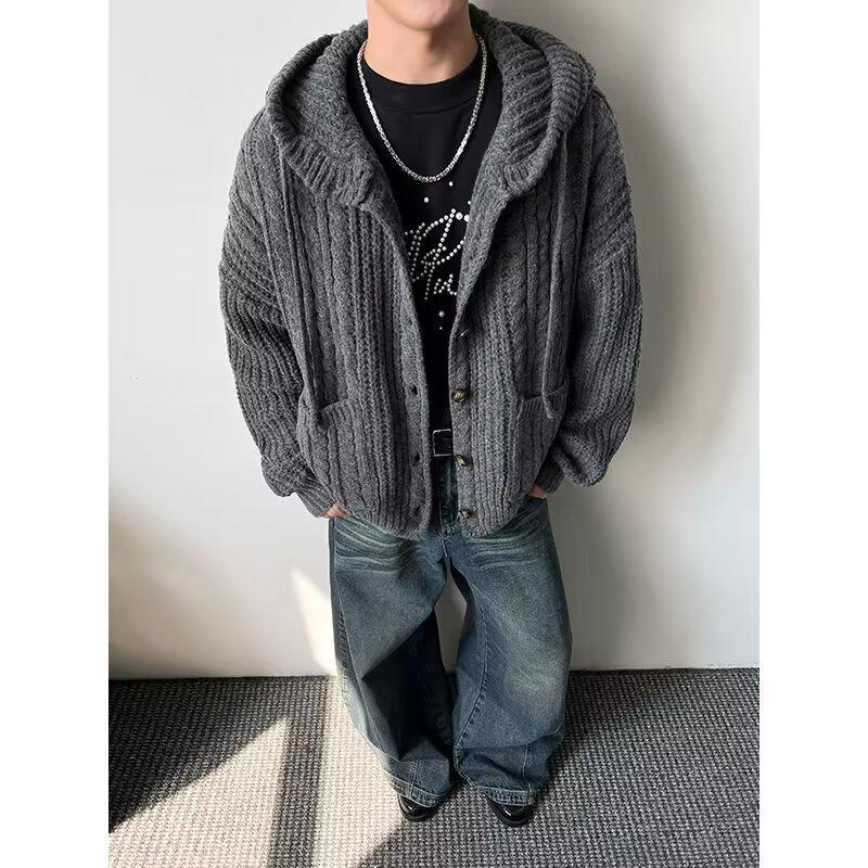 Men's Retro Chunky Knit Cardigan: Versatile Japanese Jacquard Sweater with Big Pockets.