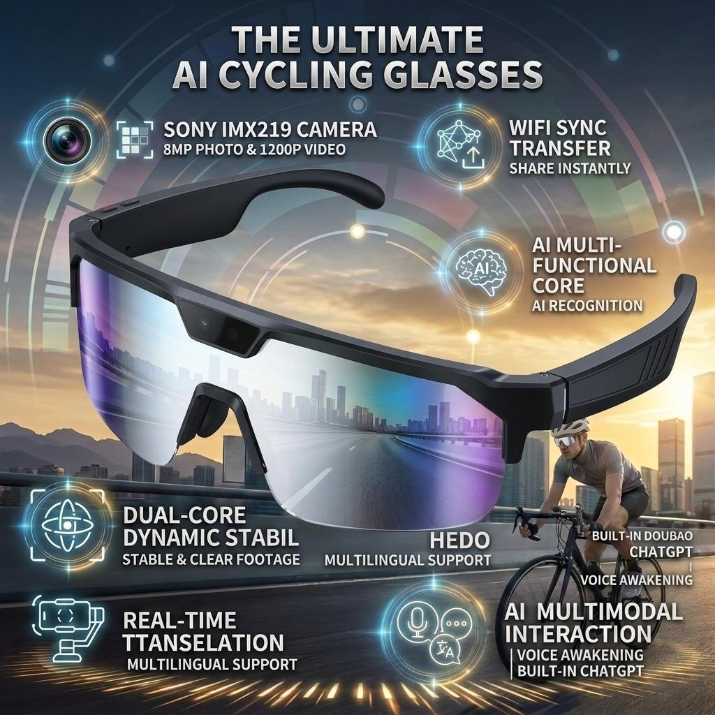 

Outdoor Smart Glasses 1200P HD Camera 8MP Sensor 30MP Photo WiFi Sync Bluetooth 5.3 Audio Sunglasses Anti-shake Dual Mic ENC Mic срібний
