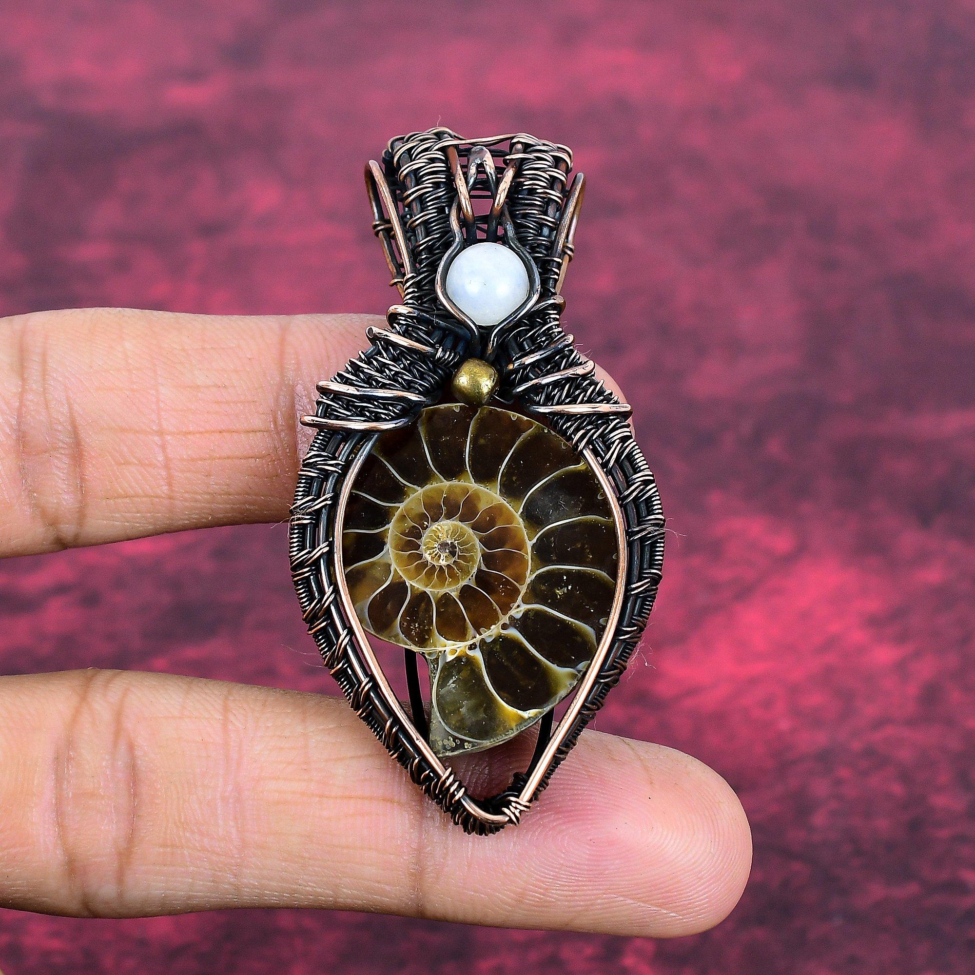 Ammonite Fossil Pendant Copper Wire Wrapped Moonstone Pendant Gemstone Jewelry