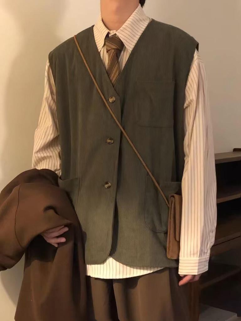 Herren Japanische Retro Cord Fledermaus Weste - Ärmellos, Locker, Trendige Frühling/Herbst Jacke