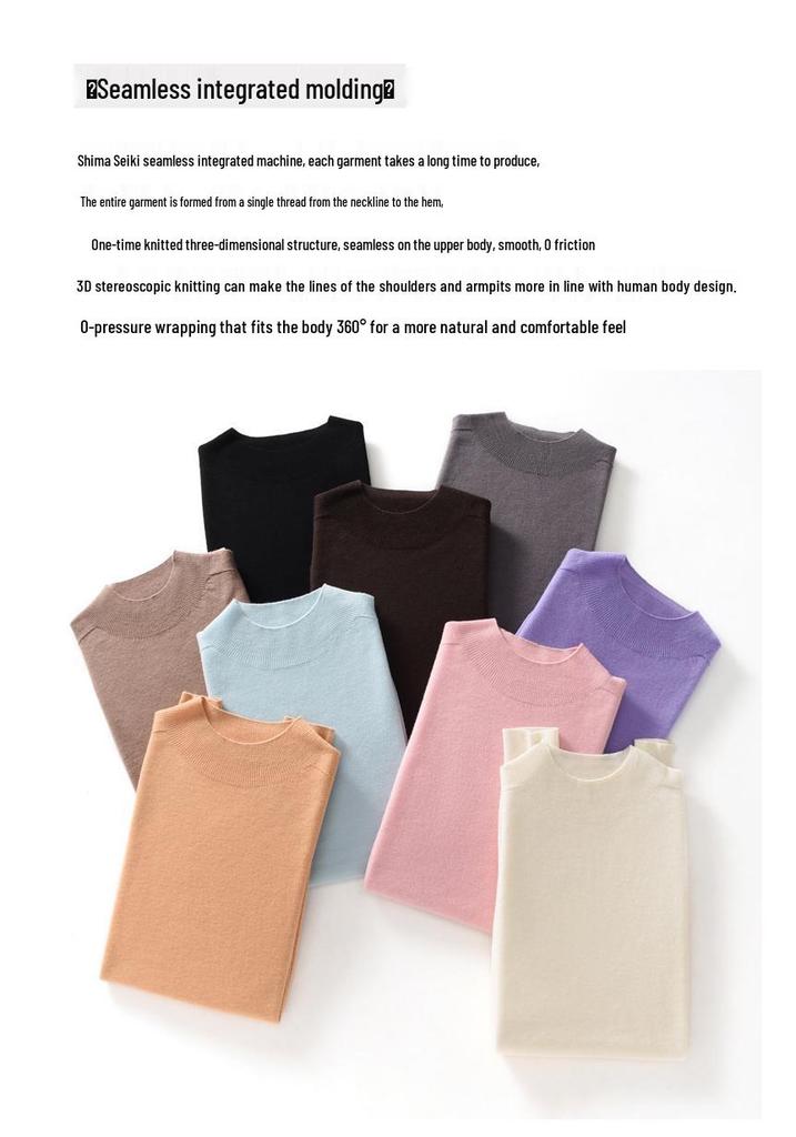 Women's 100% Pure Wool Seamless Knit Sweater, Machine Washable, Round Neck Spring Top