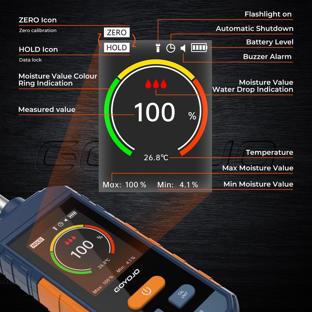 Digital Wood Moisture Meter Non-contact Spherical Timber Damp Detector LCD Screen Hygrometer Alarm Humidity Tester 5-40mm Depth