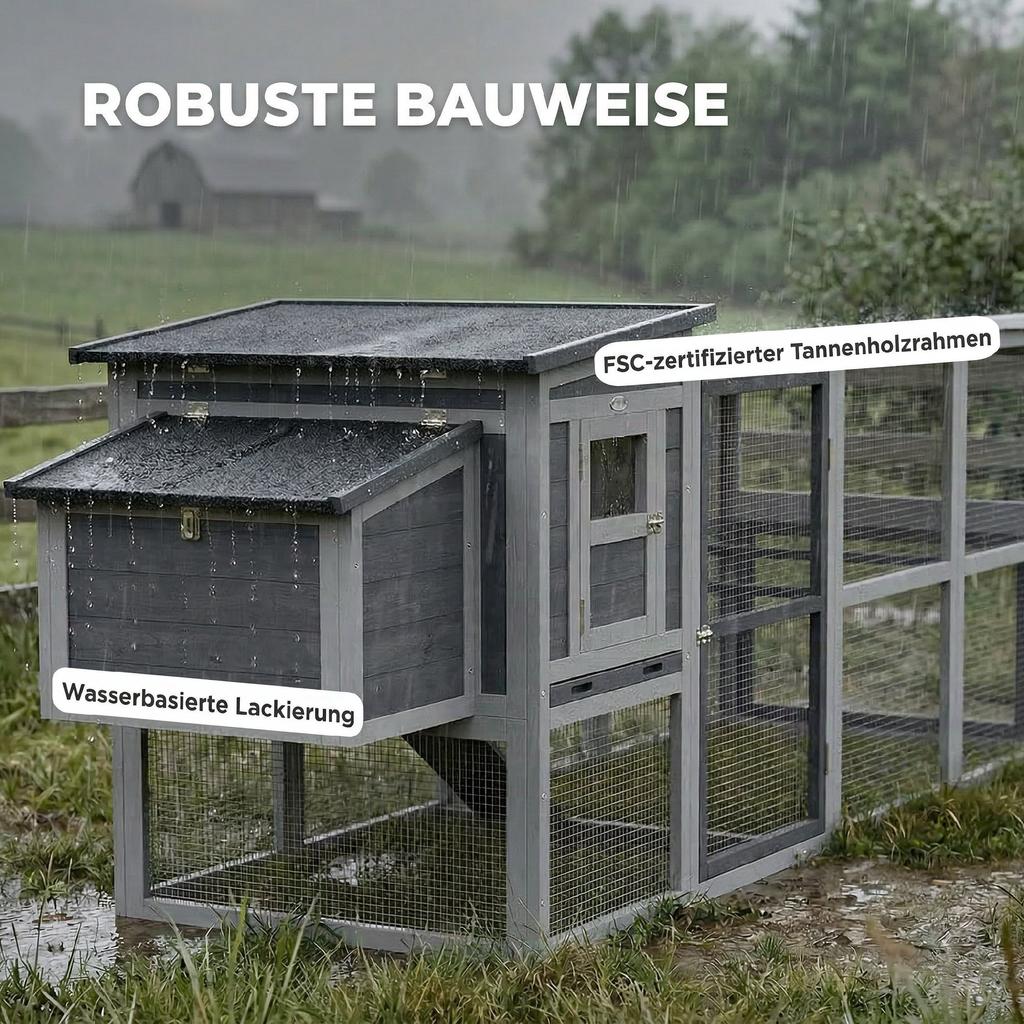 Chicken coop/chicken house for 3-4 chickens with run, nesting box, asphalt roof, Oxford covering, pull-out drawer, 264x82x89cm, grey
