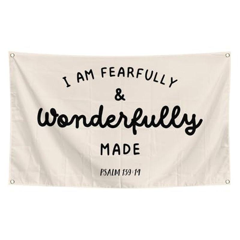 Fearfully Wonderfully Made Psalm Quote Wall Tapestry Beige Black Text Bible Verse Christian Religious Scripture Bedroom