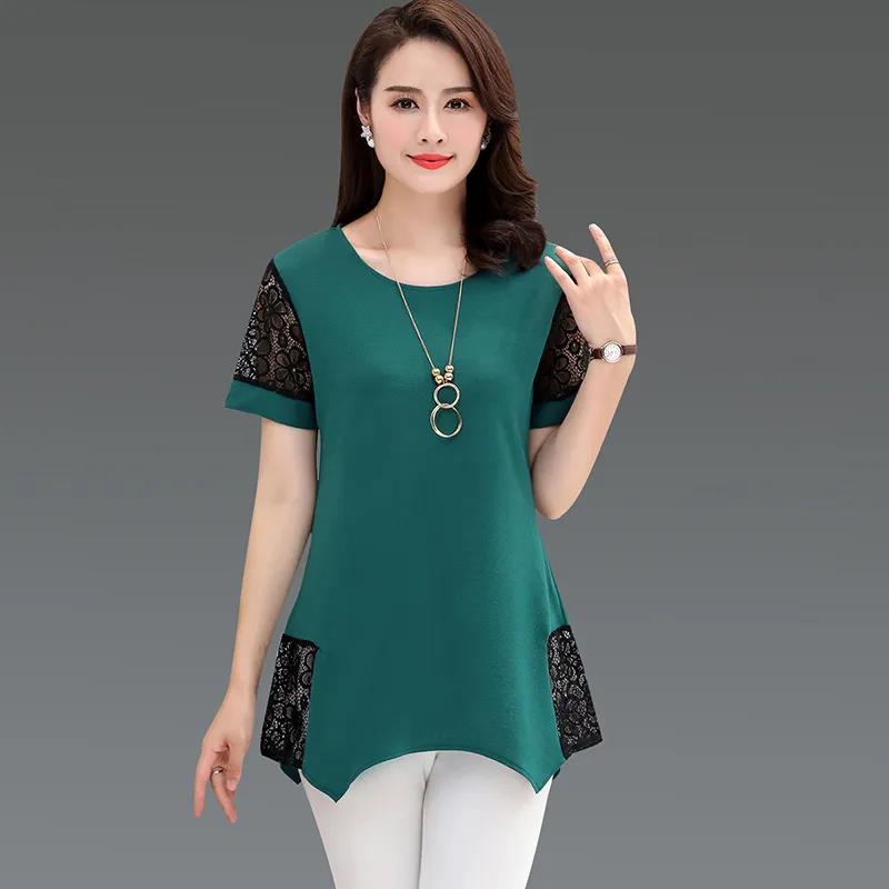 Women's Summer Chiffon Short Sleeve Mid Length Round Neck Large Size Loose T-Shirt
