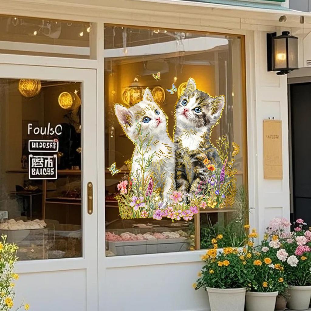 Da19031 Creative Bronzing Cute Cat Flower Window Sticker Store Home Decoration Double-Sided Visual Static Glass Sticker