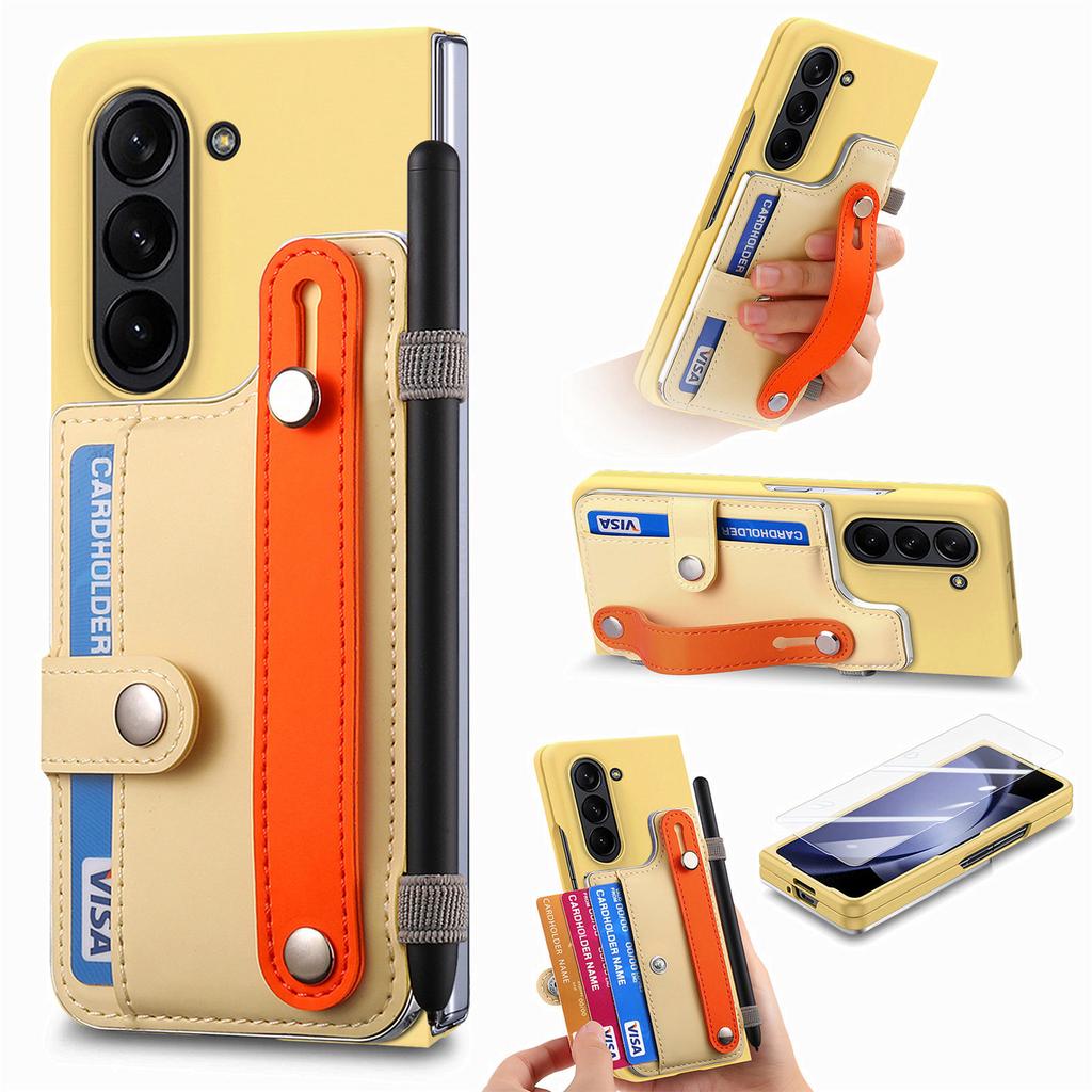 Für Samsung Galaxy Z Fold6 5G Hülle Armband Ständer Leder+PC Handyhülle mit Displayschutzfolie
