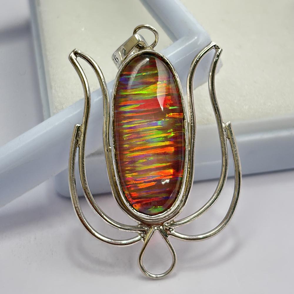 Natural Opal Pendant Oval Cut Certifeid 925 Sterling Silver 39 ct October Birthday Birthstone