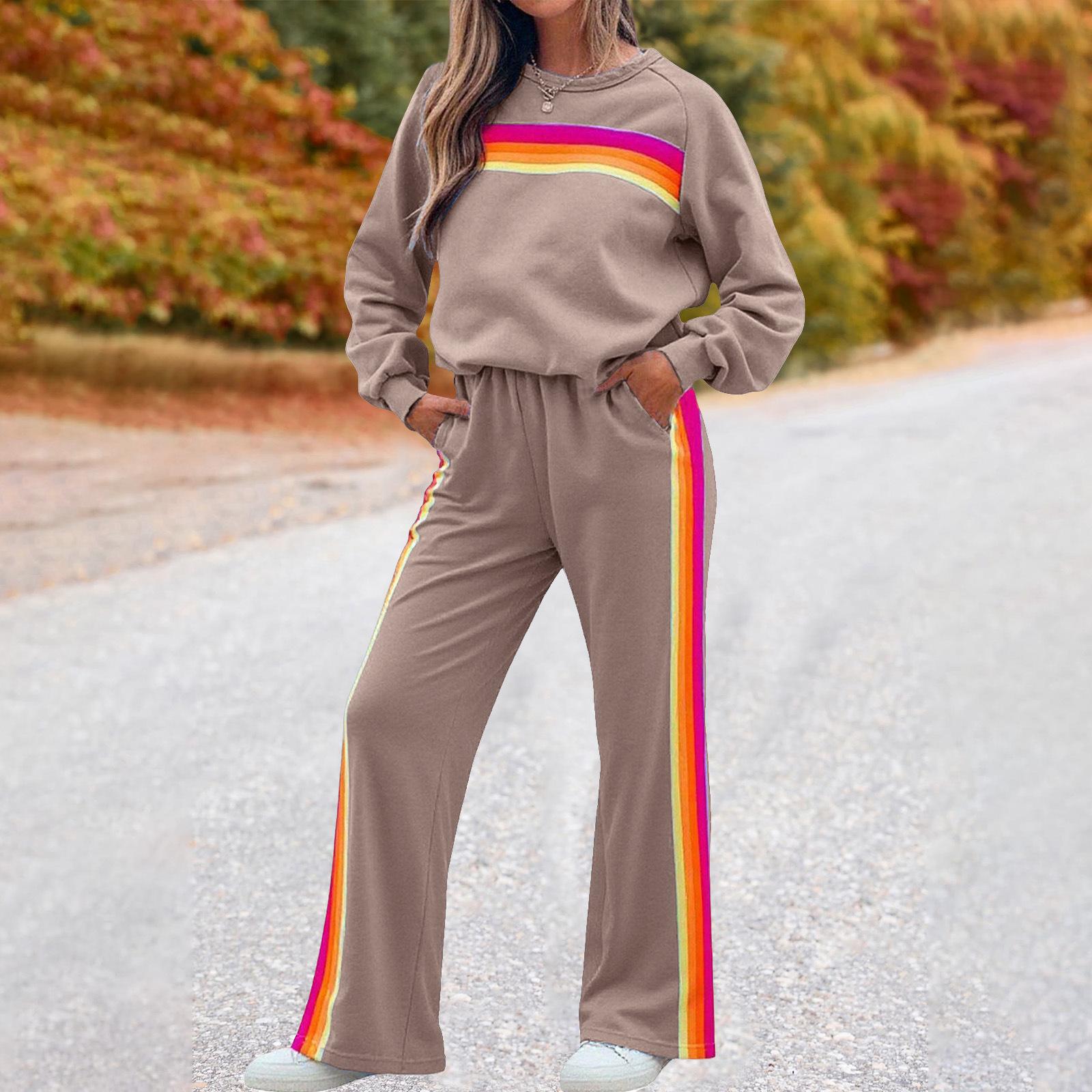 

Fashionable Women s Round-Neck Loose Color-Striped Elastic Waist Sweatpants Set XL верблюд