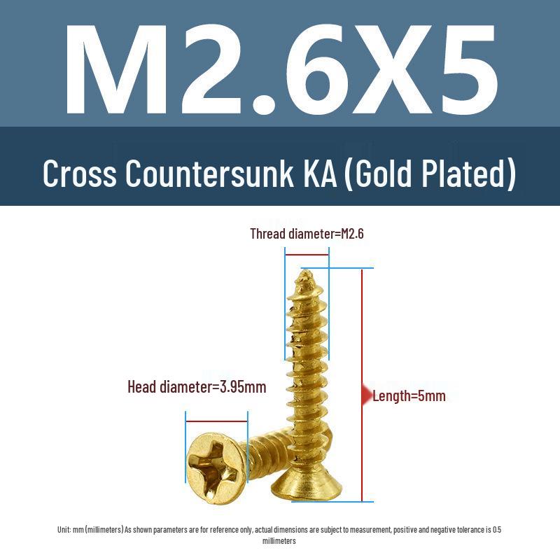 Yigu Gold-Plated Carbon Steel Self-Tapping Screws: Countersunk Head, Flat Head, Pointed Tail, Sizes M2-M4, Ideal for Electronics.