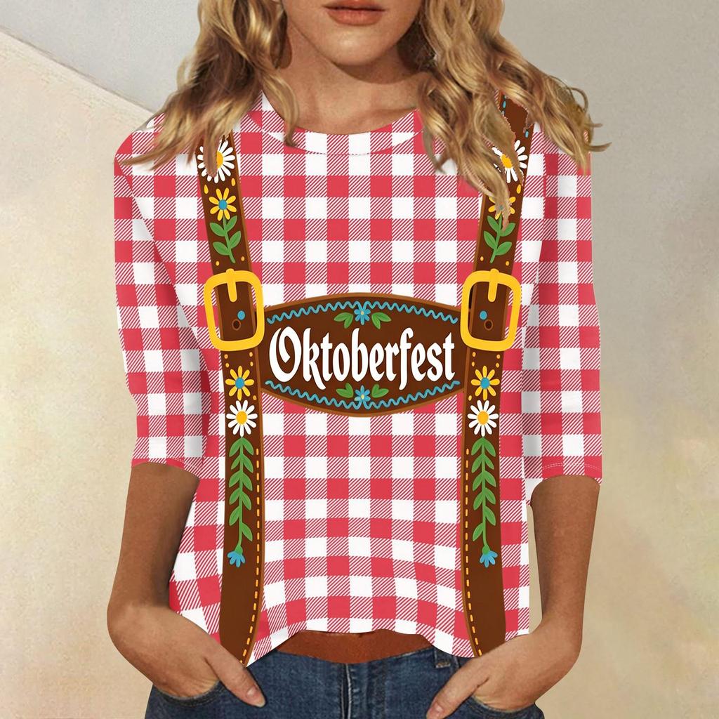 Women's Casual Plaid Three Quarter Sleeve Shirt Oktoberfest Print Round Neck Top Lightweight Soft Fabric Comfortable Fit