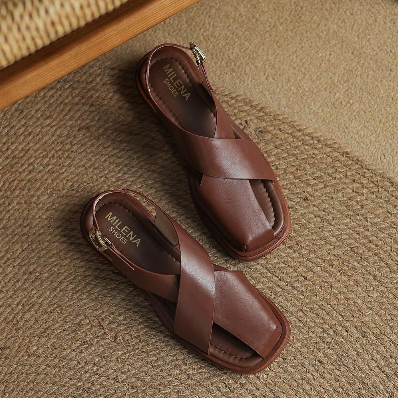Fashion Roman Style Retro Square Head Women's Casual Flat Sandals 2025 Summer Fashion Hollow Versatile Soft Soled Comfortable Cool Shoes