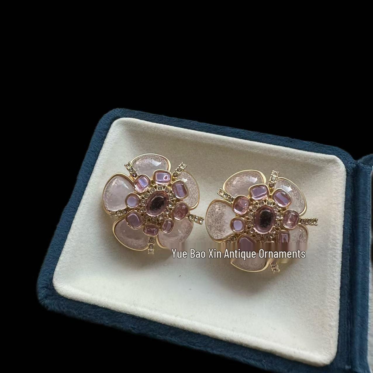 

Vintage Glazed Purple Crystal Flower Necklace & Earrings Set - Double-Layer Exquisite Style with 925 Silver Needle