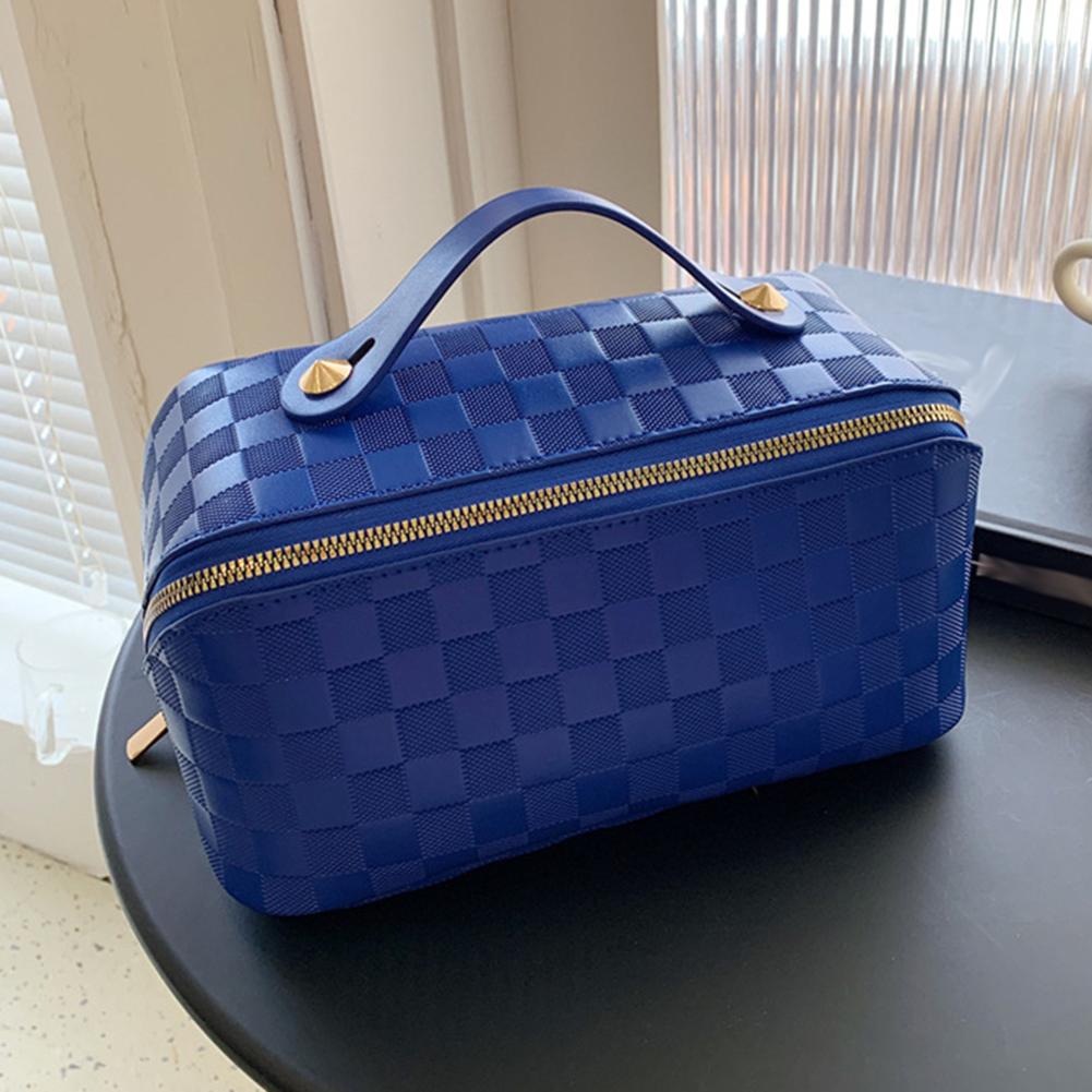 Karierte Kulturtasche, multifunktionaler Make-up-Koffer aus PU-Leder, tragbar, große Kapazität, modischer Reißverschluss, weich für Camping und Wandern