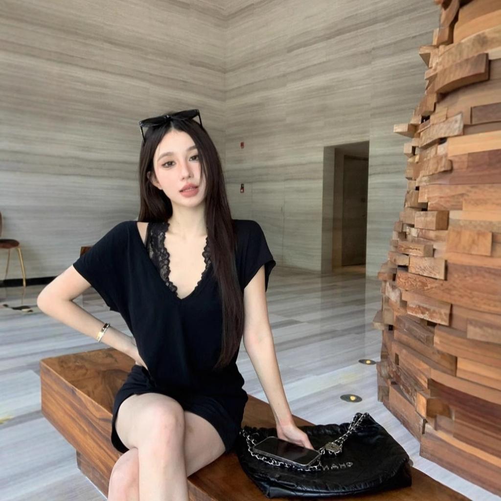 Summer Lace Inner Sweet and Spicy Gentle Wind Solid Color Vest Dark V-neck Off-the-shoulder Loose Short-sleeved T-shirt Top Women Ins