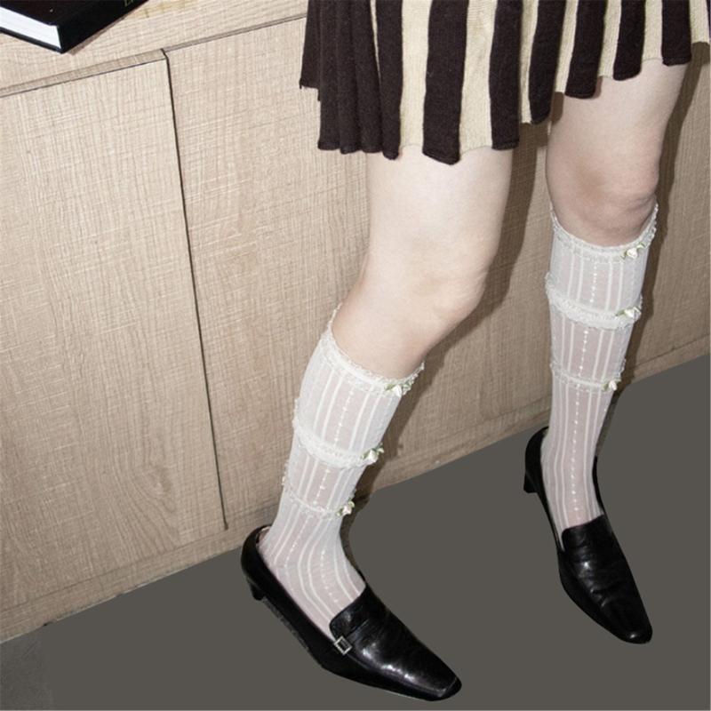 Ruffle Sheer Knee High Socks for Women Girl Stretchy Silk Stockings Student Girls Stockings Tube Socks Nylons Calf Socks