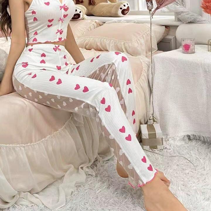 2024 Color Block Mesh Patchwork Camisole Pajama Set with Front Slit