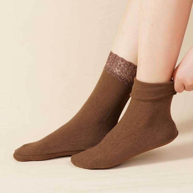 Meias femininas de veludo espessadas, meias de cano médio com borda de renda, lote de meias de veludo para inverno, meias quentes e à prova de frio