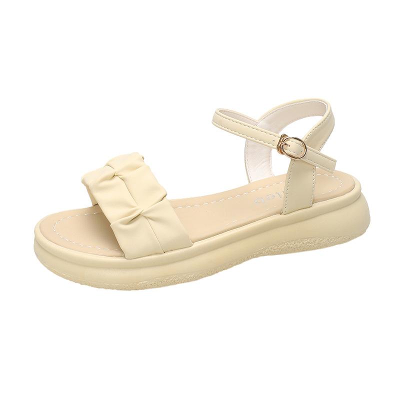 

2025 summer Korean version of the new thick-soled pleated sandals women s open-toed PU flat heel one-word buckle strap simple beach sandals 40 жовтий