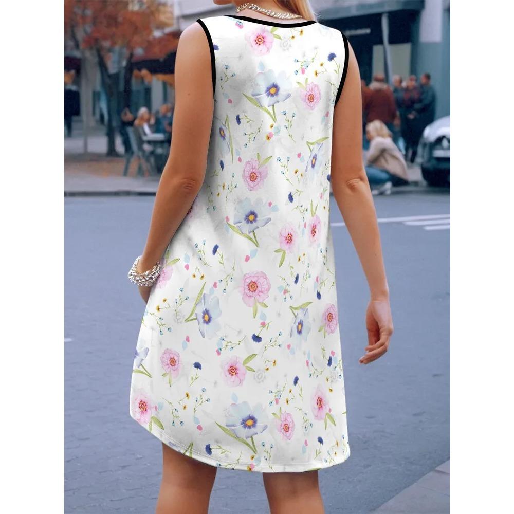 Robe d'été sans manches grande taille pour femme, motif floral 3D, col rond, longueur genou, sans poche, coupe ample, douce
