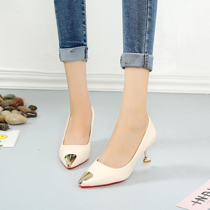 Korean Version of Every Single Shoe Women 2024 Autumn Metal Head Mid-heel Commuter Pointy Shallow Mouth Black Heels