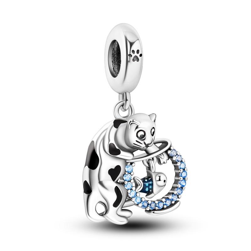 100% Real S925 Silver Moon Black Cat Charms Fit Qikaola Bracelet&Bangle For Women Birthday Fine Jewelry Gift