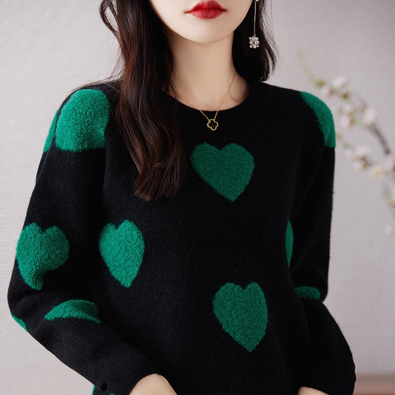 Round Neck Love Wool Sweater for Women In Autumn and Winter New Fashionable and Versatile Cashmere Base Shirt Skin-friendly and Warm Top