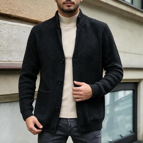 Men's Knit Cardigan, Stand Collar Button-Down Sweater Jacket with Pockets for Fall Winter