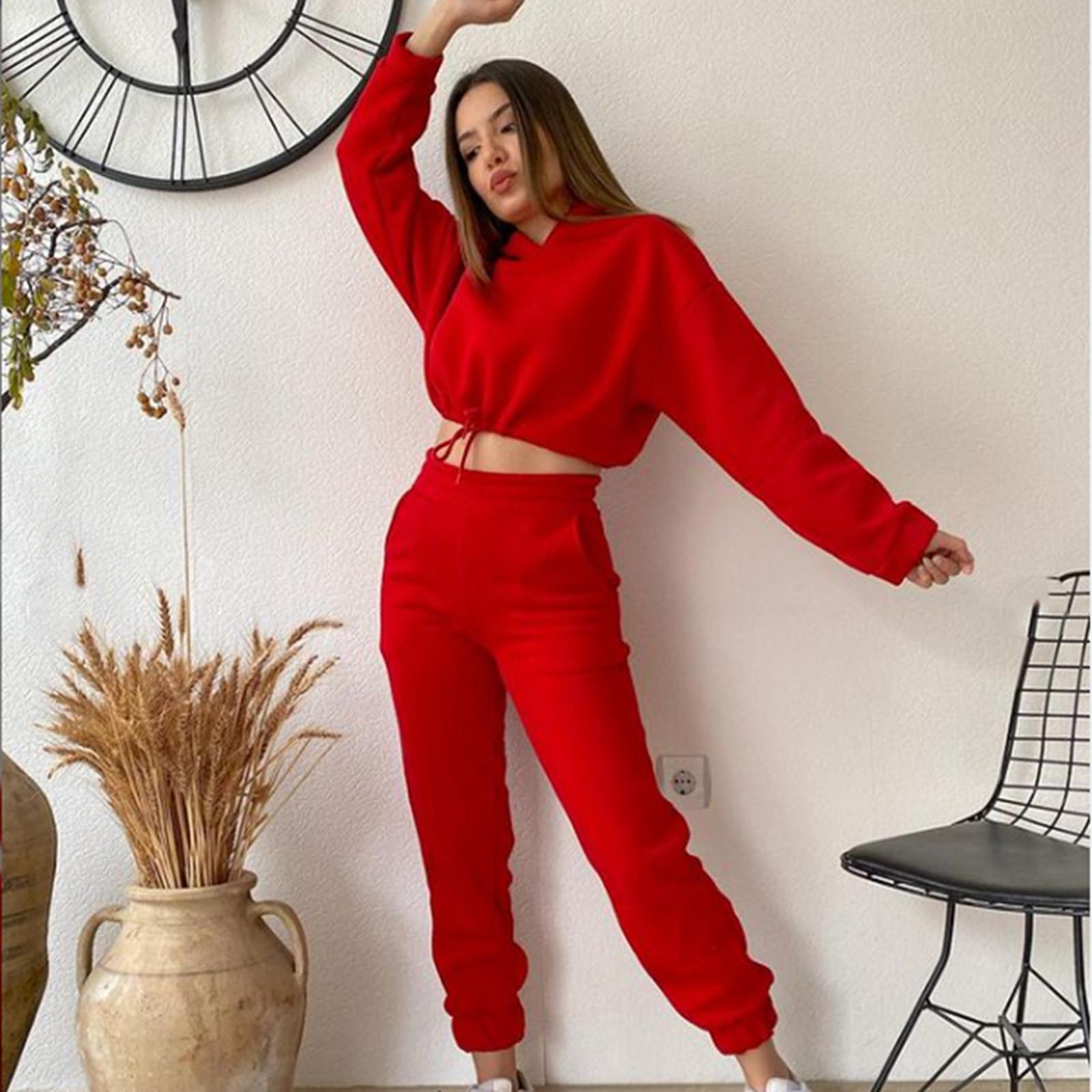 

Женская повседневная однотонная толстовка с длинными рукавами и брюками, свитер, спортивный костюм XL красный