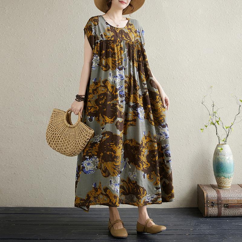 Summer Cotton Hemp Printed Artistic Loose Large Medium Long Dress for Women Casual Dresses