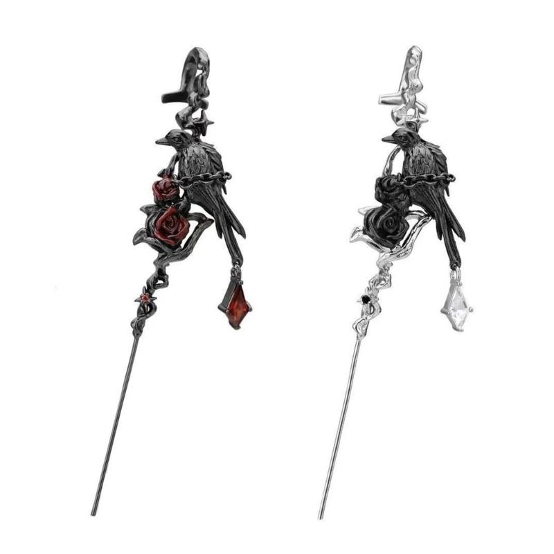 Comfortable Piercing Earrings Rose and Black Crow Stick Clip Earring Alternative Style Accessories Party Wear Jewelry