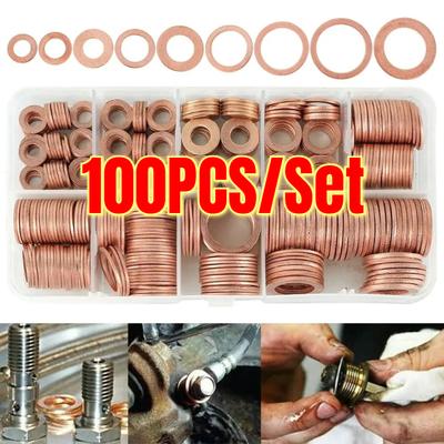 100Pcs/Set Copper Washer Gasket Nut & Bolt Set - Perfect For Sump Plugs - Includes Box & Assorted Sizes (M5/M6/M8/M10/M12/M14)