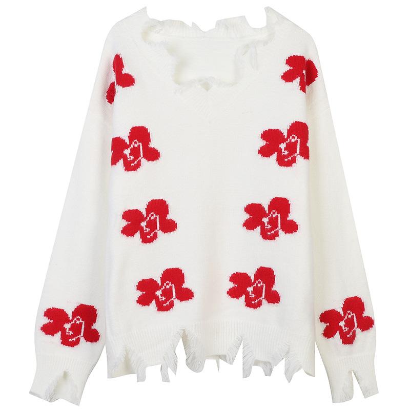 Женский зимний толстый жаккардовый свитер нерегулярной вязки с цветными блоками, свободный пуловер с v-образным вырезом L белый