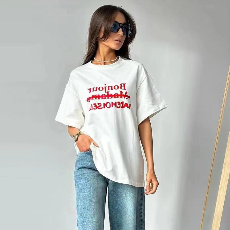 Simplicity Letter Printed Cotton T Shirt Women Summer White Loose Short Sleeve Round Neck Tops Casual Basic Lady Clothes