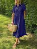 Women Striped Shirt Dress Short Sleeve Lapel Casual Midi Dress with Asymmetric Hem