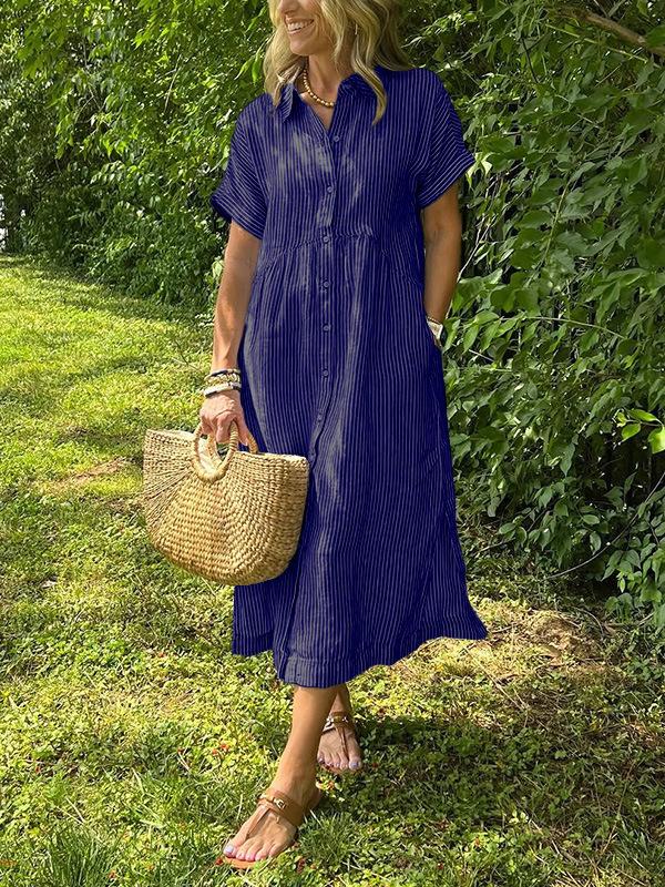 Women Striped Shirt Dress Short Sleeve Lapel Casual Midi Dress with Asymmetric Hem