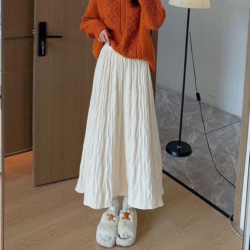 Original Autumn/Winter Folded Half Skirt 2025 Korean Edition High Waist Big Swing Skirt Warm Thick Knitted Wool Skirt Long Skirt
