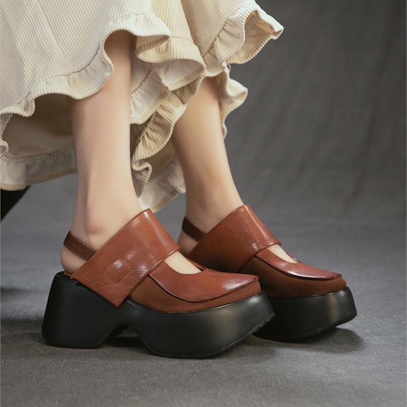 Johnature Sandale Retro cu Vârf Rotund și Talpă Groasă Versatile din Piele Naturală cu Toc Gros Pantofi cu Platformă pentru Femei