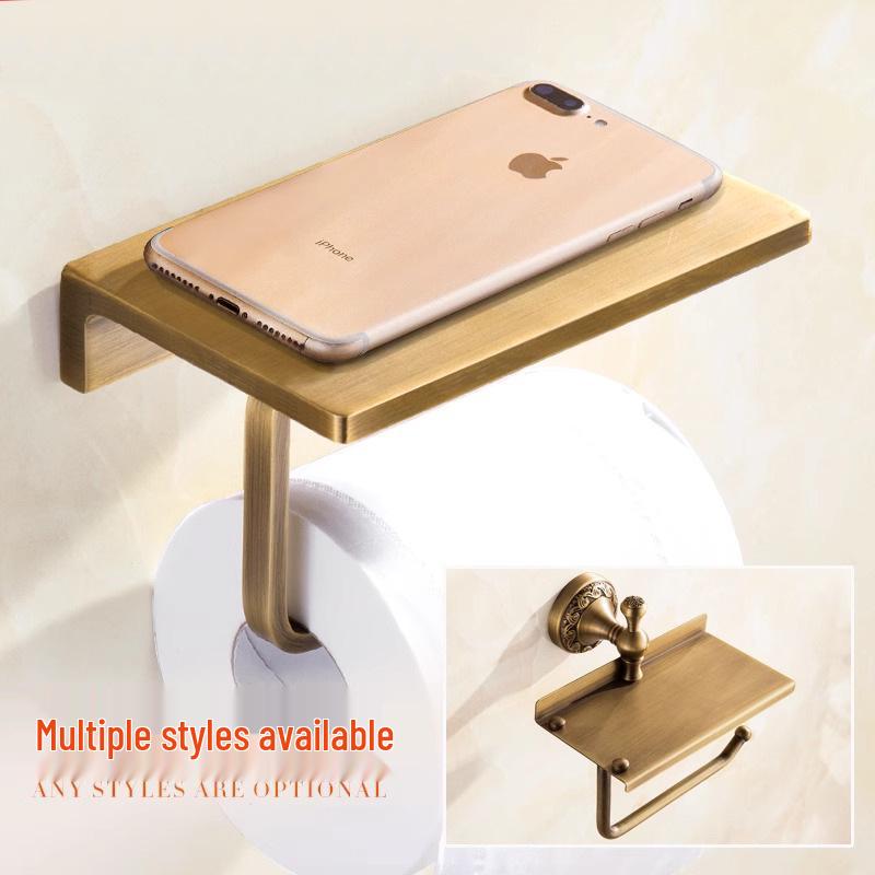 Antique-style Copper Paper Towel and Phone Holder for Bathroom Hotel Use - European No-Drill Design.