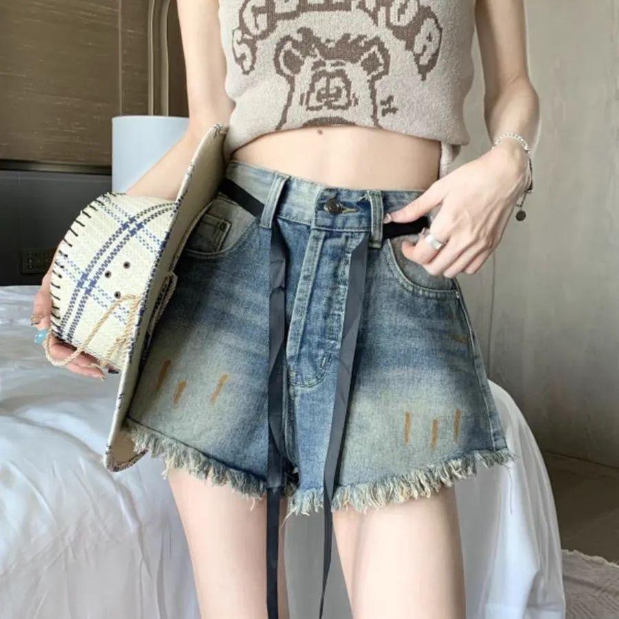 Graffiti Print High-Waisted Fringed Denim A-line Shorts for Women - Trendy Summer Style Small синий