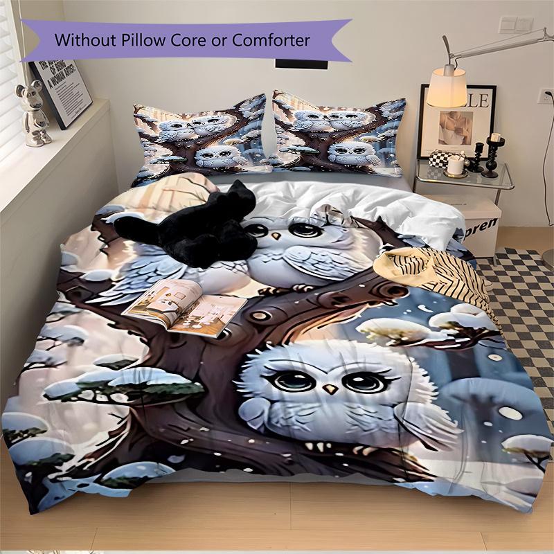 3pcs Anime Owl Comforter Set with One Quilt Cover and Two Pillowcases (No Core) - Festive Gift for Home Decor, Polyester Fabric, Cartoon Design, Suita