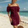 Damen schulterfrei kurzärmlig farbig casual Kleid mit Taschen für den Urlaub