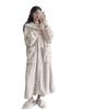 Women's Flannel Pajamas & Robe Set - Coral Fleece, Long, Cute Korean Style for Autumn & Winter Homewear.