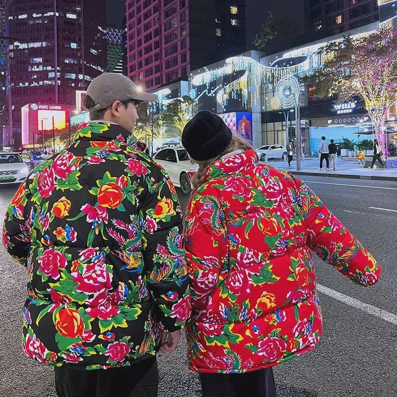 Men's Winter Peony Cotton Jacket - Large Size, Festive National Trend Coat
