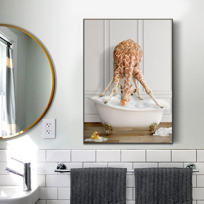 Funny And Cute Animal Canvas Prints Bathroom Wall Art Posters Highland Cow Giraffe Lion Take Shower Pictures For Washroom Decor