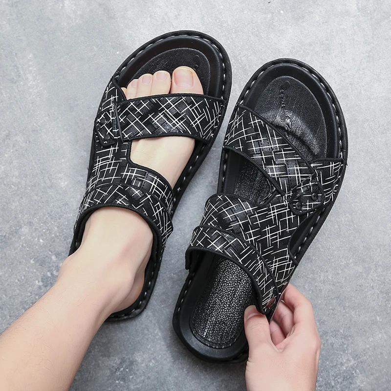 Summer New Style Sandals Casual Men Shoes Slip-On Leather Soft Non-slip Beach Summer Sandals Slippers Flat Walking Shoes